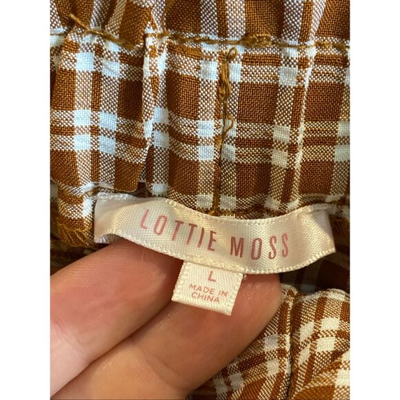 LOTTIE MOSS • Burnt Orange Brown/White Plaid High Waist Belted Paper Bag Shorts - Picture 3 of 11